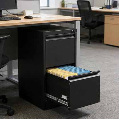 2 Drawer File Cabinet, Metal Vertical Filing Cabinet for Home Office, Locking Steel Easy Assemble 18" D File Cabinets for Legal/Letter/A4/F4 (Black)
