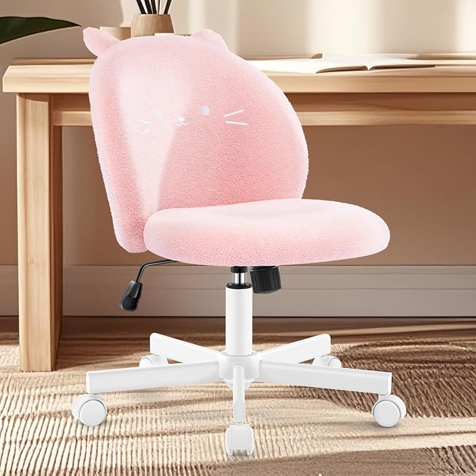 Vanity Chair with Cat Back,Armless Desk Chair Cute Small Office Chair,Teddy Fabric Computer Chair with Adjustable Height,120°Tilting,Rolling,Swivel for Vanity,Kids Room,Office,Bedroom Pink