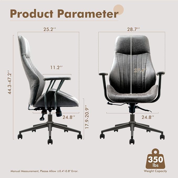 High Back Home Office Chair,Mid Century Modren Ergonomic Executive Chair,Lumbar Support Swivel Task Chair with Wheels,Computer Desk Chair Suede Fabric,350LBS (Gray)