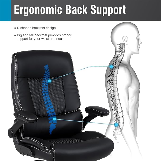 Ergonomic Big and Tall Office Chair, 500LBS PU Leather Executive Desk Chair with Lumbar Support and Flip-up Armrests, High Back, for Home and Office, Black