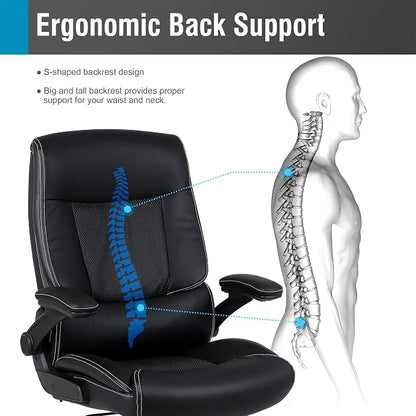 Ergonomic Big and Tall Office Chair, 500LBS PU Leather Executive Desk Chair with Lumbar Support and Flip-up Armrests, High Back, for Home and Office, Black