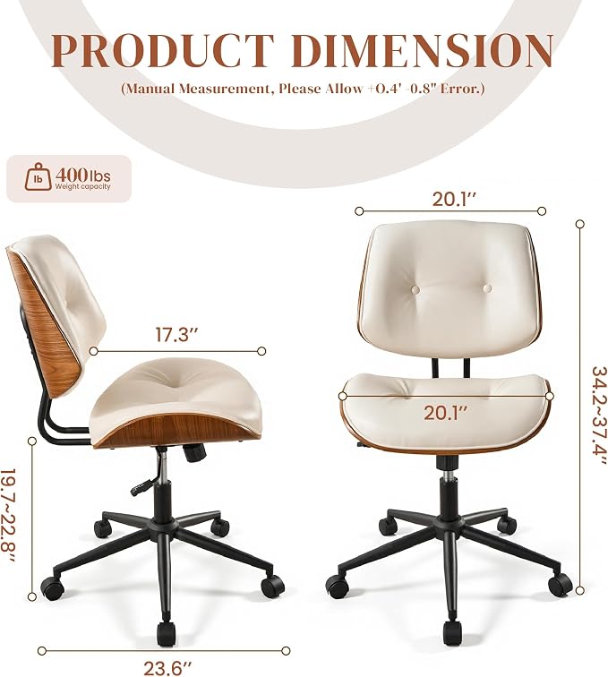 Armless Office Chair with Wheels, PU Leather Adjustable Height Desk Chairs, Modern Walnut 360° Swivel Mid Back Computer Chair for Small Space Meeting Room, Beige