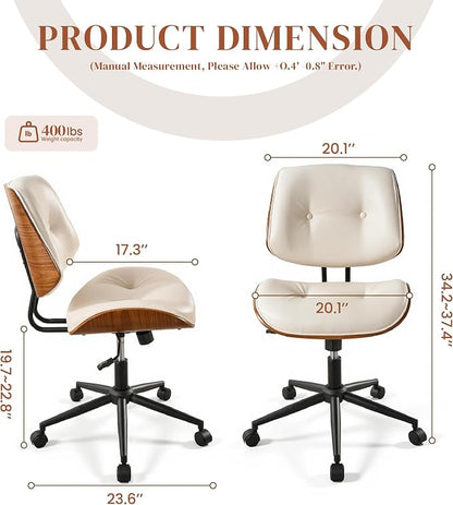 Armless Office Chair with Wheels, PU Leather Adjustable Height Desk Chairs, Modern Walnut 360° Swivel Mid Back Computer Chair for Small Space Meeting Room, Beige
