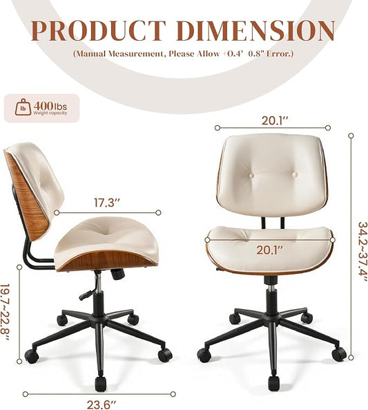 Armless Office Chair with Wheels, PU Leather Adjustable Height Desk Chairs, Modern Walnut 360° Swivel Mid Back Computer Chair for Small Space Meeting Room, Beige