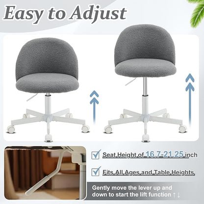 VINGLI Candy Chair Armless Cute Desk Chair,Comfy Small Office Chair with Wheels,Vanity Chair with Lumbar Support,Teddy Adjustable Rolling Swivel Computer Task Chair for Home Office,Bedroom,Muted Grey