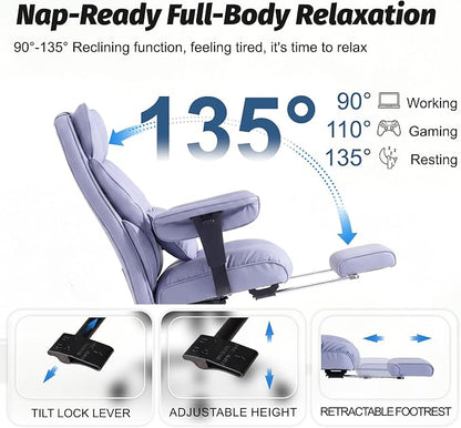 Efomao Executive Office Chair 400lbs,Purple Big and Tall Desk Chair | Mattress-grade pocket spring cushion, sleek leather, 135° recline & footrest for computer gaming setup.