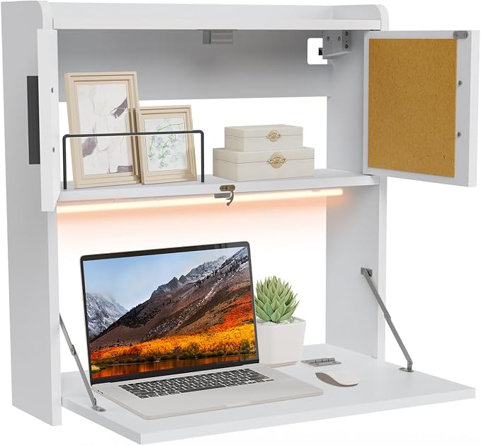 ARTETHYS Wall Mounted Desk Folding with Light Drop Down Hanging Desk | Multifunctional Fold Down Laptop Computer Table, Writing Workstation with Storage Compartments, Space Saving for Home Office