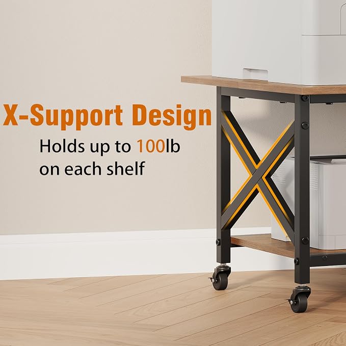 VENNQD 2 Tier Printer Stand, 23.6'' x 23.6'' Large Table with Storage Shelf, Rolling Printer Cart with Wheels, Laser Printer Table for Home Office Living Room Scanner Fax Machine, Rustic Brown