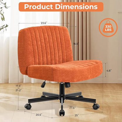 Convertible Base Criss Cross Chair with Pocket Springs & Thicker and Wider Cushions, Armless Legged Office Chair Relieves Back Pain, Swivel Vanity Chair for Living Room/Office, Orange