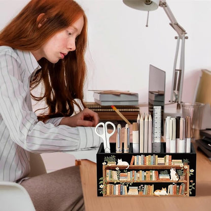Cat Book Lover Pen Pencil Holder for Desk, Book Lover Reader Gifts, Cat Gifts for Women Men, Bookish Wooden Box Sign Decorations for Reading Corner Nook Room Classroom Desk Tabletop
