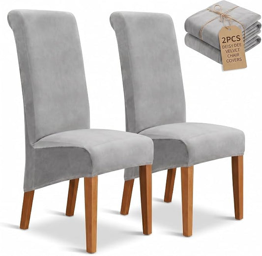 Deisy Dee Stretch XL/Oversized Extra Large Velvet Dining Room Chair Covers for Kitchen Dining，Removable Washable Chair Protectors Slipcovers (Sliver, 2)