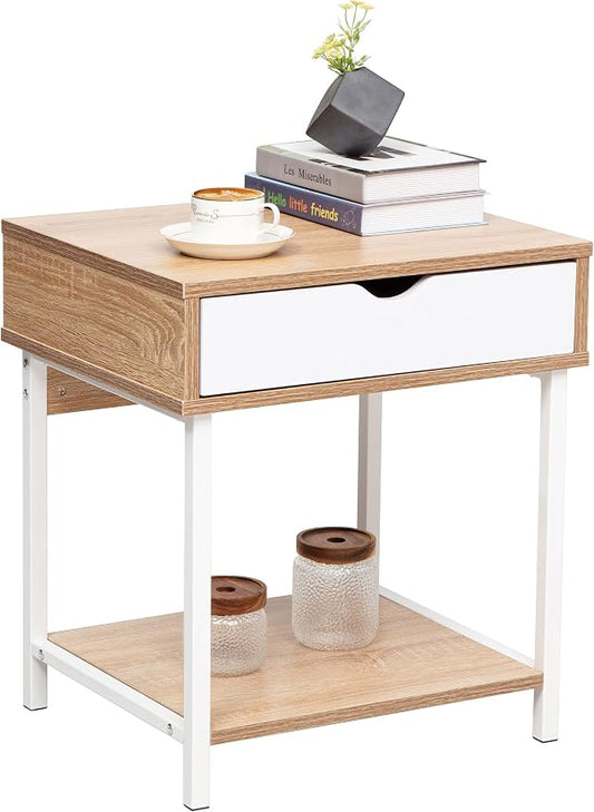 JJS Side End Table, Nightstand, Bedside Table with Drawer and Storage Shelves, Sofa Table for Living Room, Bedroom, Accent Furniture, Easy Assembly, Oak/White