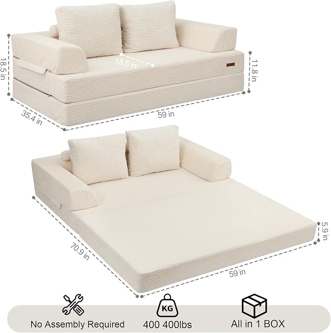 COMAX Futon Sofa Bed, Convertible Folding Sofa Bed, Boneless Couch Loveseat Corduroy with Pillows, Small Foldable Floor Couch Comfy Lounge Sleeper for Living Room Bedroom, Beige