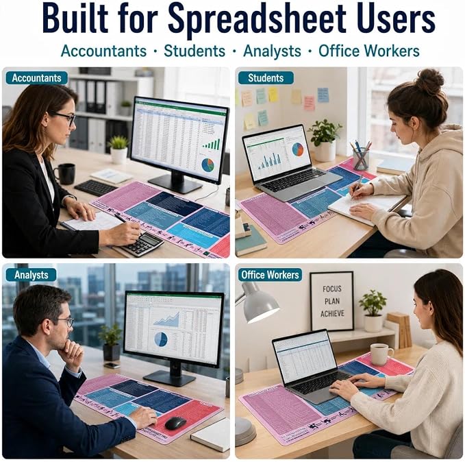 Excel Cheat Sheet Desk Pad, XXL 35.5 x 15.8 in Large Mouse Pad with Excel Shortcuts, Non-Slip Spreadsheet Reference Desk Mat for Office, Accountants, Students & Home Office, Blush Pink