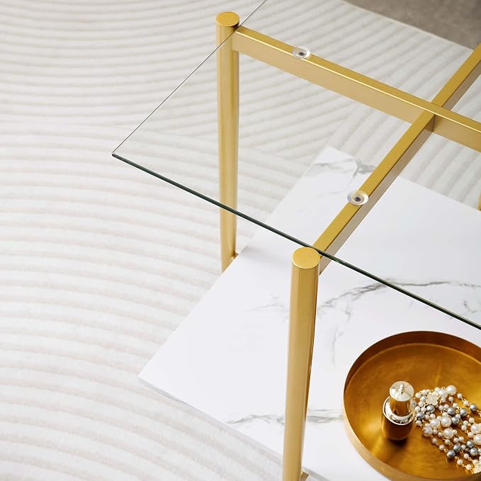 LumFurn Square Glass End Table, Mid-Century Modern Design Sofa Table, for Living Room, L18 x W18 x H23, Clear Glass Top and White Marble MDF Shelf, Sleek Conical Metal Legs with Gold Finish