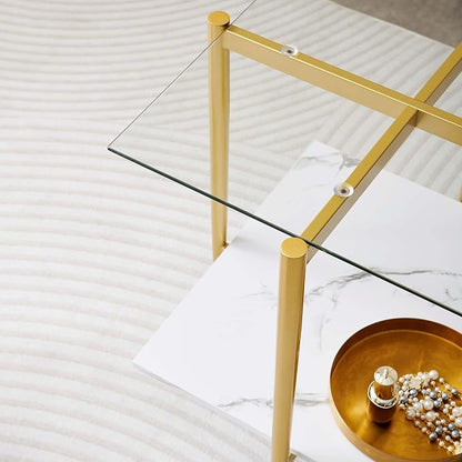LumFurn Square Glass End Table, Mid-Century Modern Design Sofa Table, for Living Room, L18 x W18 x H23, Clear Glass Top and White Marble MDF Shelf, Sleek Conical Metal Legs with Gold Finish