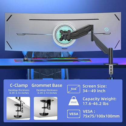 Pholiten Premium Aluminum Heavy Duty Monitor Arm, Ultrawide Monitor Mount with Clamp/Grommet Mounting Base, Adjuastable Gas Spring Arm for up to 49 inchs and 46.2lbs, Black