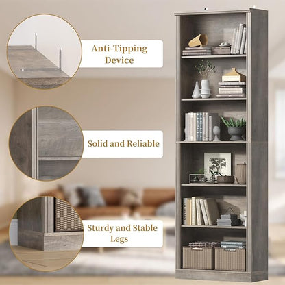 Thacuok Grey Bookshelf, 75" Tall Bookcase, 6 Tier Adjustable Storage Shelves, Book Shelf with Anti-Tipping Device, Floor Standing Modern Display Rack for Living Room, Bedroom, Office