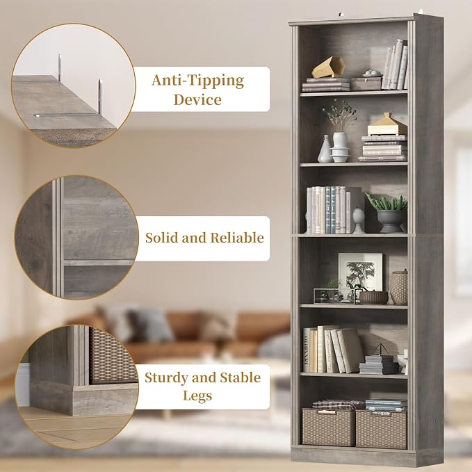 Thacuok 75" Tall Bookshelf Set of 2, 6 Tier Bookshelf with Adjustable Shelves, Bookcase with Anti-Tipping Device, Floor Standing Modern Display Rack,Book Shelf for Living Room, Bedroom, Office, Grey
