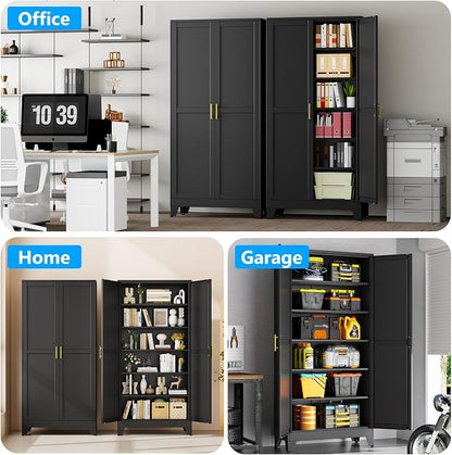 pozdeg 75" Tall Metal Storage Cabinet with 2 Doors & 5 Adjustable Shelves, Widen Steel File Cabinet Multipurpose Organizer for Home Office Garage (Black)