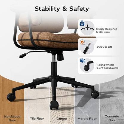 HomeZeer Brown Office Chair, Memory Foam Seat Mid Century Modern Desk Chair | 3.9" Sloped U-Shaped Memory Foam Cushion, Granular Linen Fabric, Lumbar Support, 1.2mm Sturdy Metal Tube, 400LBS Capacity