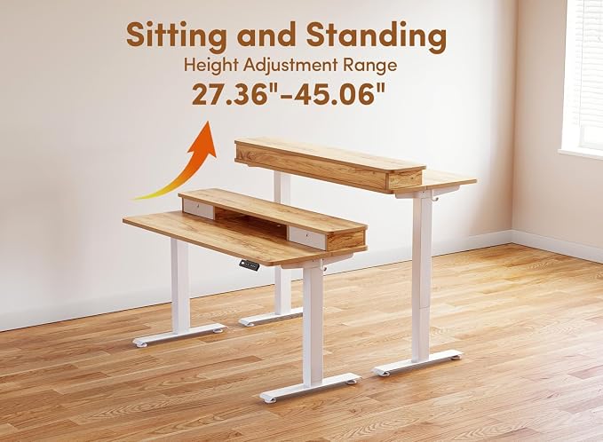 BANTI 55x24 Inch Electric Standing Desk with Dual Drawers, Height Adjustable Stand Up Table, Sit Stand Home Office Desk with Storage Shelf, White Frame/Light Rustic Brown Top