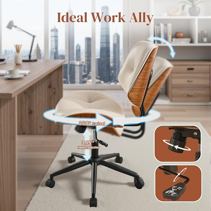 Armless Office Chair with Wheels, PU Leather Adjustable Height Desk Chairs, Modern Walnut 360° Swivel Mid Back Computer Chair for Small Space Meeting Room, Beige