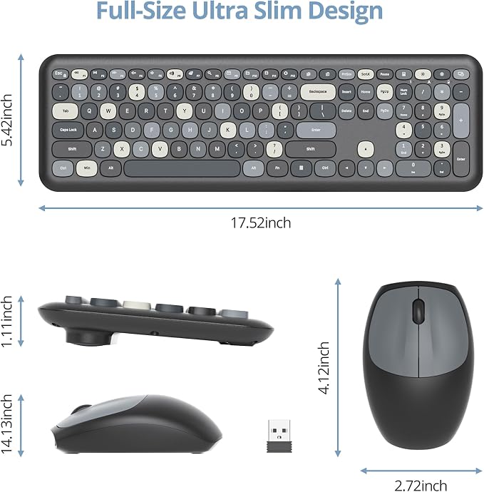 Surmen Colorful Black Quiet Keyboard and Mouse Wireless, Full-Size Girly Slient Keyboard Retro Typewriter Low-Noise 2.4GHz for Computer, Desktop, Laptop (X110-Blend Gray)