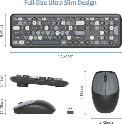 Surmen Colorful Black Quiet Keyboard and Mouse Wireless, Full-Size Girly Slient Keyboard Retro Typewriter Low-Noise 2.4GHz for Computer, Desktop, Laptop (X110-Blend Gray)