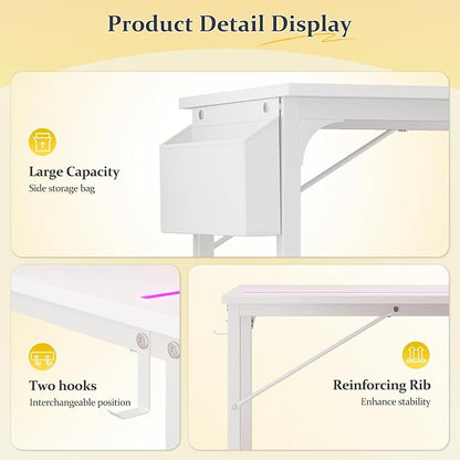 DurayLoly 48 Inch Computer Desk with LED Lights for Home Office,Bedroom Study Desk for Teens, Sturdy Metal Frame,Headphone Hook & Storage Bag,Small Space Design,White