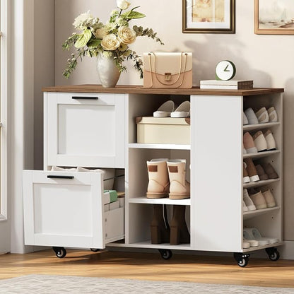 Lateral File Cabinet, 2 Drawers Mobile Filing Cabinet for Home Office, Printer Stand with Adjustable Open Shelves, with Locking Casters, fit Legal/Letter/A4 Files, Walnut and White