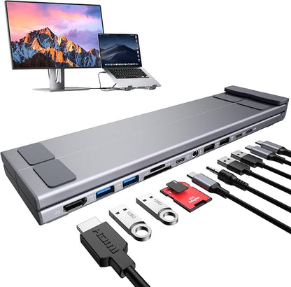 Laptop Docking Station Stand, Dock Tablet Stand, 11 in 1 USB C Hub with 4K@60Hz HDMI,2 USB3.0,2 USB2.0,PD 100W,USB C 3.0+SD/TF+Audio Universal Dock Station for MacBook Pro/Air/Dell/HP/Surface/Lenovo
