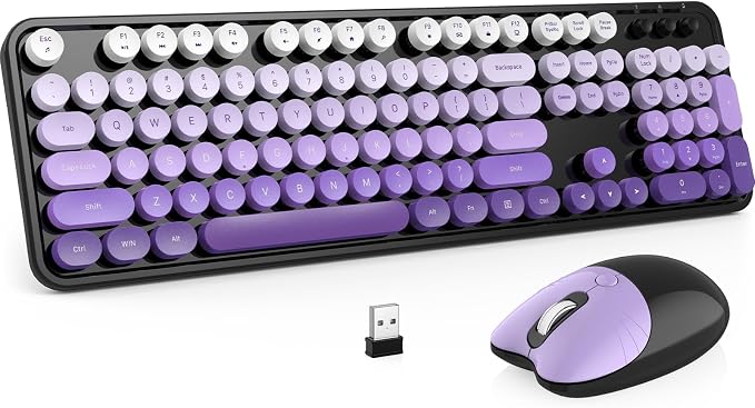 MOFII Wireless Keyboard and Mouse Combo, 2.4 GHz Full-Size Retro Round Keyboard and Mouse, Plug and Play, 8 Multimedia & Shortcut Keys for Mac, Windows, Laptop/Desktop/PC - Black Purple Gradient