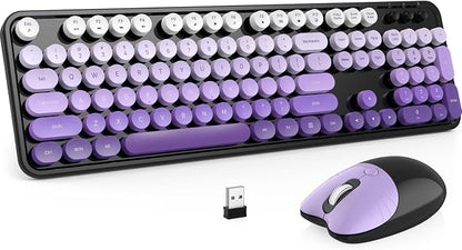 MOFII Wireless Keyboard and Mouse Combo, 2.4 GHz Full-Size Retro Round Keyboard and Mouse, Plug and Play, 8 Multimedia & Shortcut Keys for Mac, Windows, Laptop/Desktop/PC - Black Purple Gradient