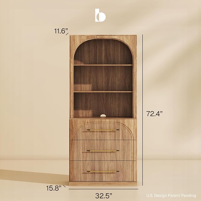 BELLEZE Tall Arched Storage Cabinet with Hutch and Drawers, Modern Bookcase with Display Open Shelves, Wood Highboard for Living Room, Kitchen Pantry and Home Office - Camel