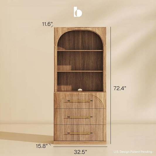 BELLEZE Set of 2 Tall Arched Storage Cabinet with Hutch and Drawers, Wood Highboard for Living Room and Home Office, Camel