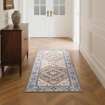 Lofus 2x5 Runner Rug for Hallways, Washable Kitchen Rugs, Non-Slip Rugs for Entryway and Bedroom, Vintage Boho Carpet, Soft Low Pile Long Runner Area Rug, Floral Brown