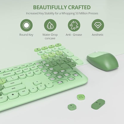 surmen Cute Green Keyboard and Mouse Wireless, Full-Size Retro Typewriter Wireless Silent Colorful Keyboard Low-Noise 2.4GHz for Home and Office（Light Green）