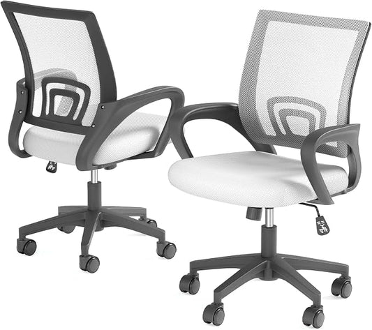 Office Chair, Ergonomic Mid-Back Mesh Desk Chair with Lumbar Support, Adjustable Height Computer Chair with Rolling Wheels Design,Comfy Armrest for Work, Study, Gaming, 2 Pack, White