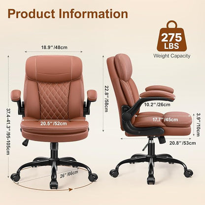 HeroSet Leather Office Chair with Upgraded Double-Layer Seat Cushion and Neckrest for Short People, Brown