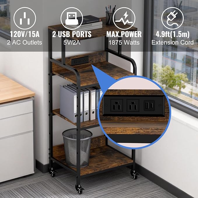 Rustic Brown 4 Tier Adjustable Mobile Printer Stand Rolling Cart | Tall space saving design for small home office holds scanner cricut heat press fax machine and various desktop equipment