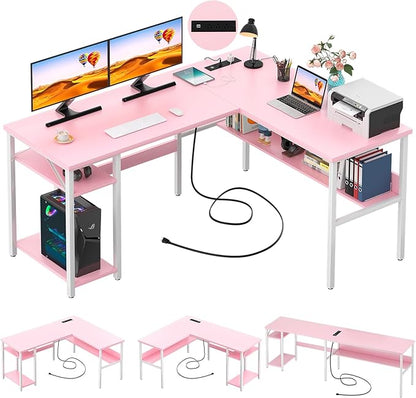 Unikito Reversible L Shaped Desk with Magic Power Outlets and USB Charging Ports, Sturdy Corner Computer Desk with Storage Shelves, Gaming Table Home Office Desk, Easy to Assemble, Pink