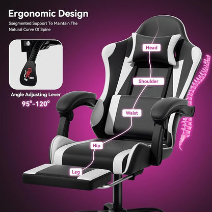 Gaming Chair with Footrest, Ergonomic Computer Gaming Desk Chair with Lumbar Support & Headrest, Adjustable High Back PU Leather Office Chair, Swivel Racing Style Gamer Chair, Black/White