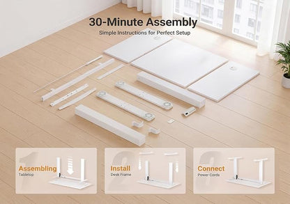 YDN Electric Standing Desk Adjustable Height, 55 x 24 Inches Sit Stand up Desk with Memory Presets & Cable Management, Home Office Desk for Office & Computer Workstation, White Frame/White Top