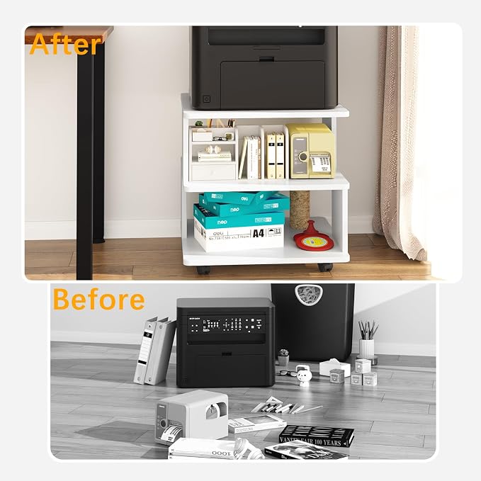 Arbuxzuy Large Printer Stand with Storage Shelf, 3 Tier Mobile Printer Cart for Home Office, Stands for Heat Press Scanner Fax, White