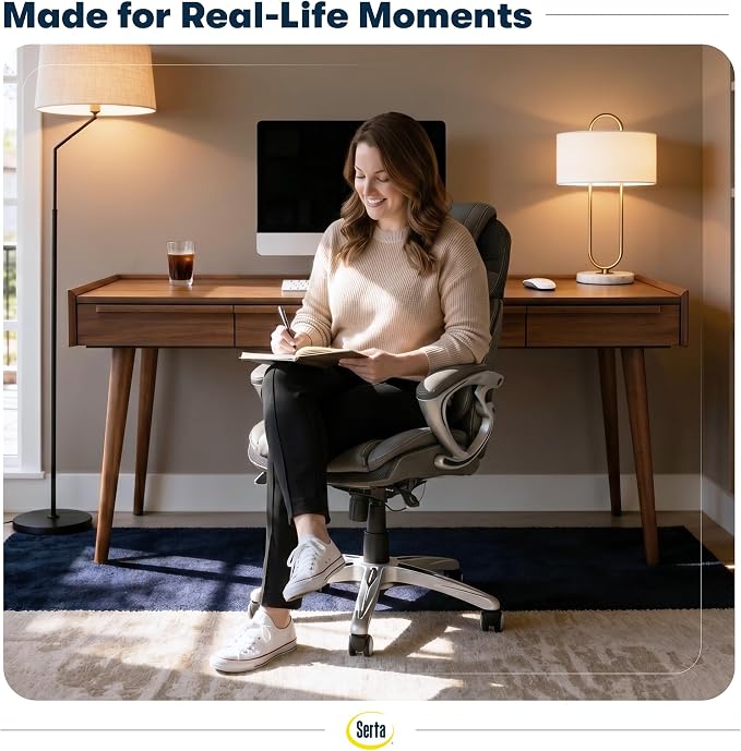 Serta Bryce Executive Office Chair - Ergonomic Computer Desk Chair with Patented AIR Lumbar Technology - Adjustable Height - Memory Foam Body Pillows - 360° Swivel Rolling Base - Bonded Leather - Gray