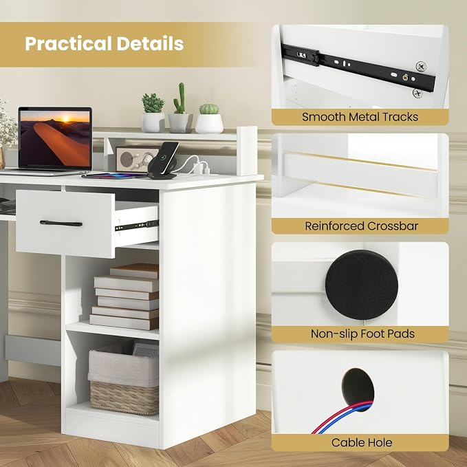 GOFLAME White Computer Desk with Charging Station, Type C Port, Modern Writing Desk with Drawer, Removable & Adjustable Shelf, Keyboard Tray, Home Office Laptop Desk with Hutch, for Bedroom, Study