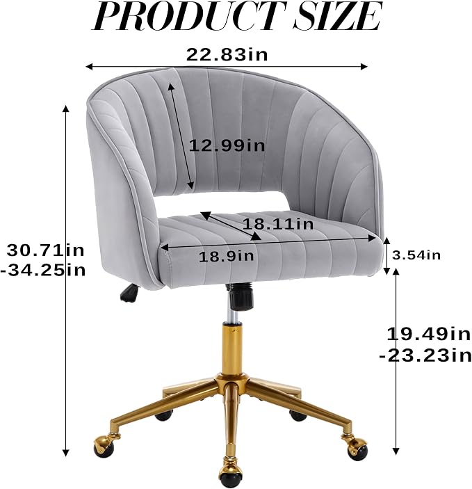 Home Office Chair Swivel Velvet Desk Chair Accent Armchair Upholstered Modern Tufted Chairs with Gold Base for Girls Women Ergonomic Study Seat Computer Task Stools for Living Room(Light Gray)