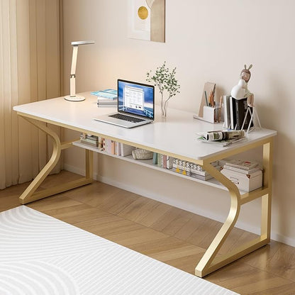 OSCHF Double Long Desk with Bookshelf - 55" Extra Long Writing Table for 2-Person Workstation, Modern Study Work Computer Desk for Home and Office, Gold