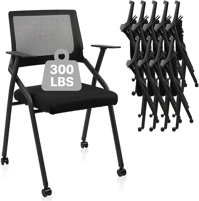 CLATINA Stackable Foldable Conference Room Chairs with Wheels, Portable Padded Office Desk Chair with Lumbar Support and Armrest for Training Room, Guest, Reception, Event, Black (10pk)